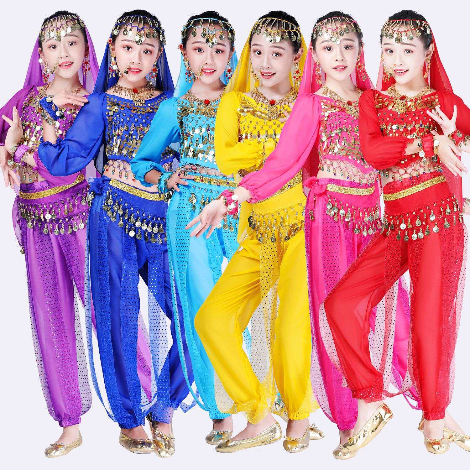 肚皮舞蹈服装儿童练功亮点裤子少儿民族舞表演服印度舞演出服长袖
