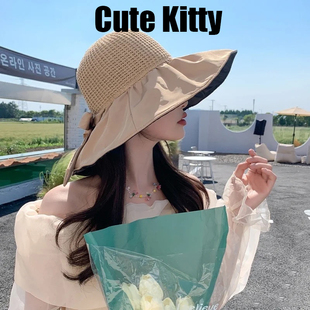【D】CuteKitty系带镂空草编帽女夏出游防晒太阳帽蕾丝边遮阳帽
