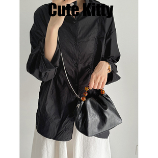 串珠黑色手提斜挎包 搭配国风软皮手抓纹通勤新中式 Cute Kitty新款