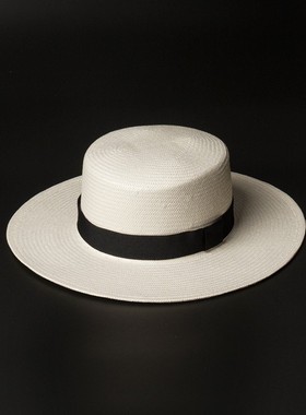 2022春夏优雅简约白色巴拿马编织D平顶礼帽女夏天遮阳度假沙滩草