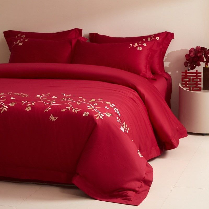 中式全棉简约结婚四件套t大红色新婚陪嫁被套婚庆床上用品婚房,床上用品,婚庆床品套件,淘宝优惠券,粉丝福利购,淘宝优惠卷