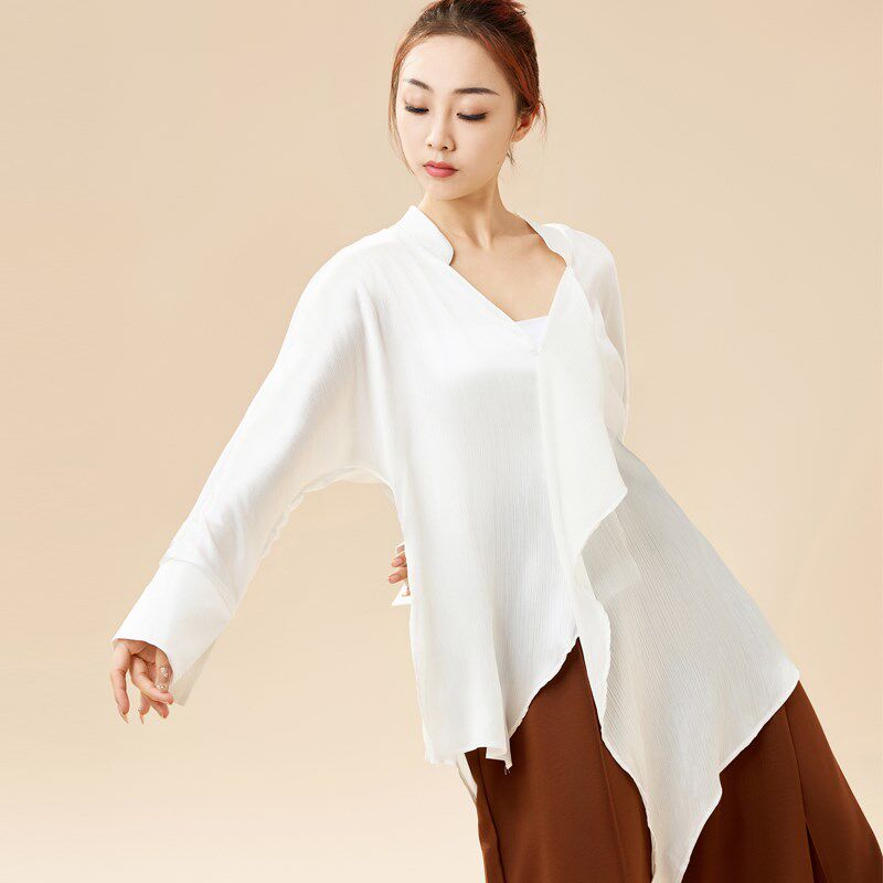 现代舞飘逸亮丝h透气气质衬衫国风舞蹈练功服阔腿裤专业训练形体