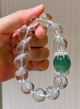 14mm高品质天然白水晶s混搭16mm绿草莓晶手链单圈多宝水晶手串