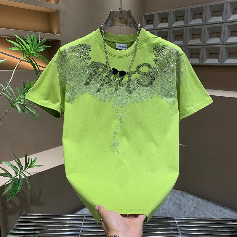 个性烫钻翅膀黑色圆领T恤男士2025夏季款休闲Q时尚宽松显瘦半截袖,男装,T恤,淘宝优惠券,粉丝福利购,淘宝优惠卷