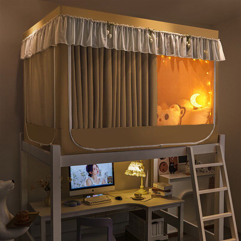 新款强遮光无涂层蚊帐学生宿舍三开D门上铺拉链方帐加厚支架一体