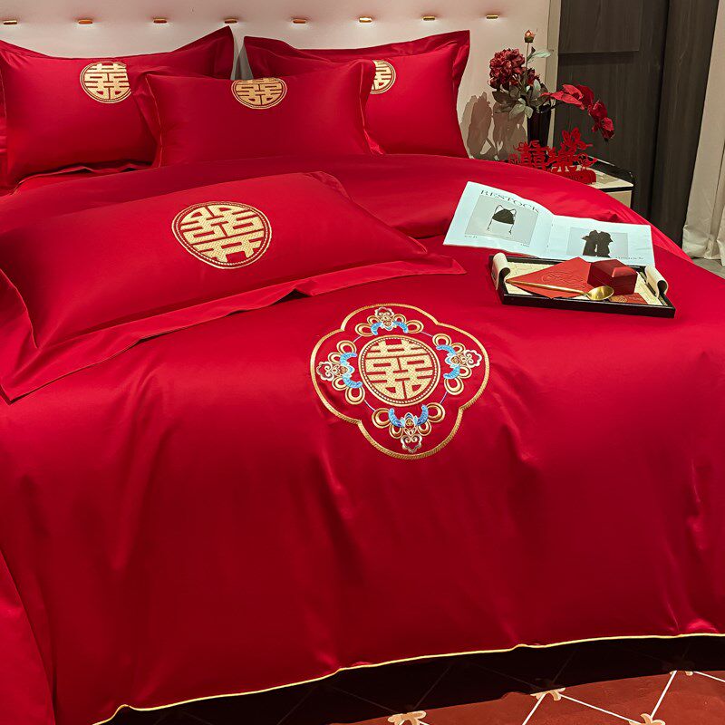 中式龙凤刺绣婚庆四件套大红色结I婚被套床单喜庆床上用品,床上用品,婚庆床品套件,淘宝优惠券,粉丝福利购,淘宝优惠卷