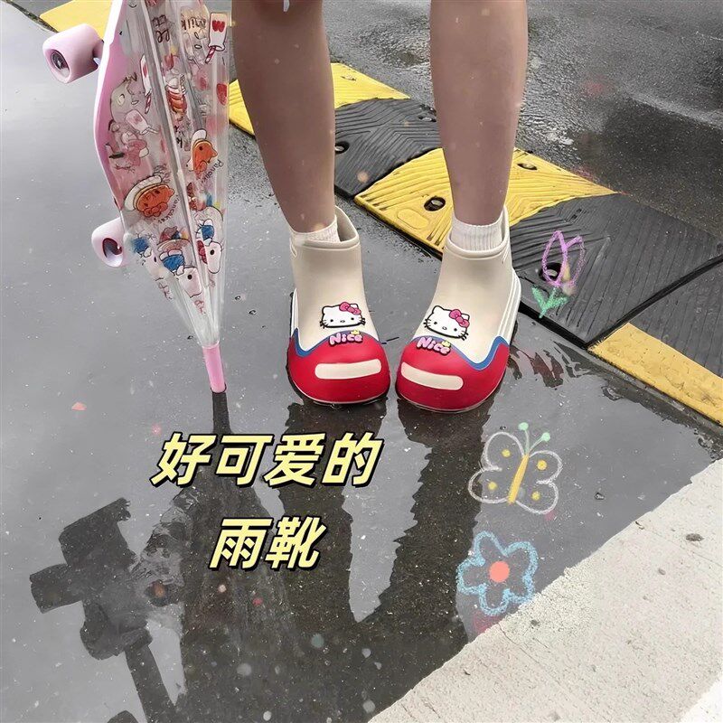 高颜值儿童雨靴成人女款红色防水时尚款外穿可爱猫咪X防滑夏季新