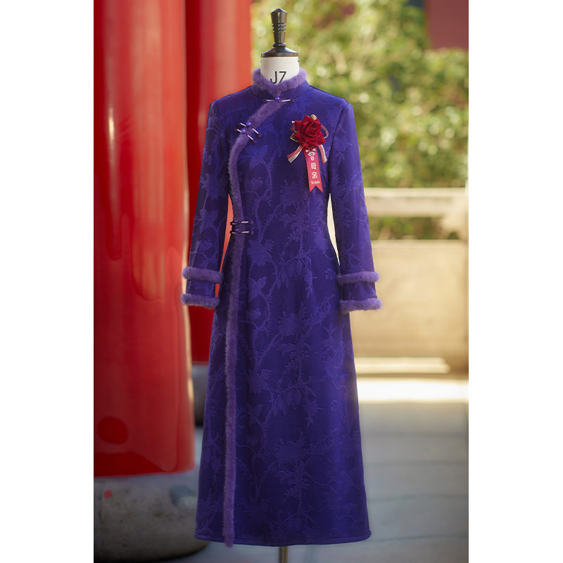 妈妈婚宴礼服冬装紫色旗袍加厚