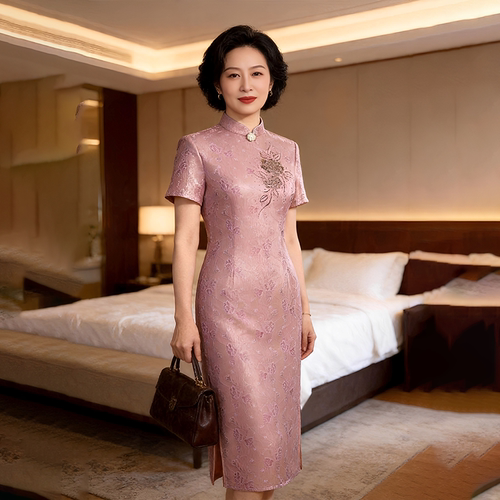 妈妈婚宴礼服春夏季紫色刺绣旗袍