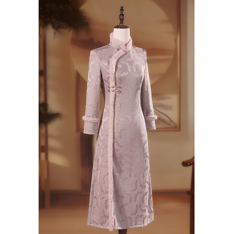 秋冬紫色旗袍喜婆婆婚宴礼服