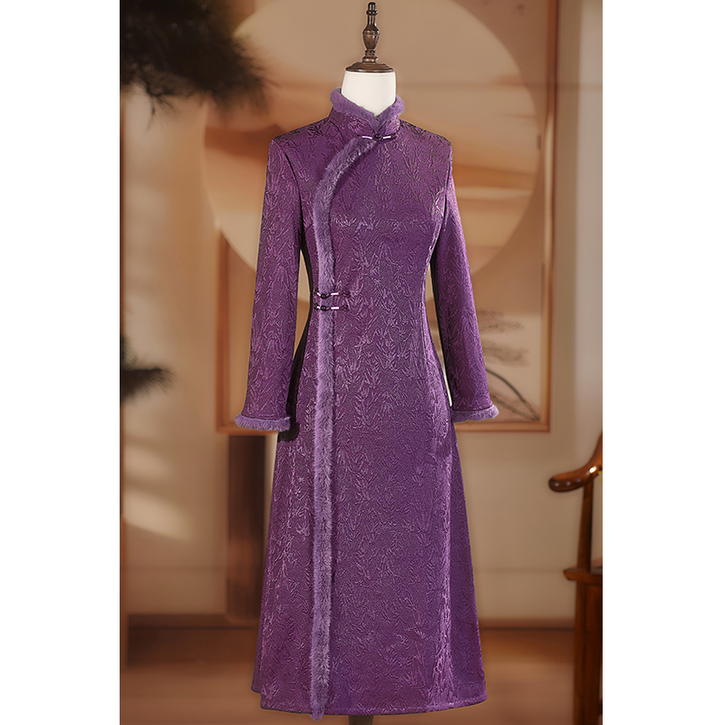 紫色旗袍喜婆婆婚宴装2025新款