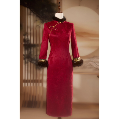 喜婆婆婚宴装红色新中式长袖旗袍