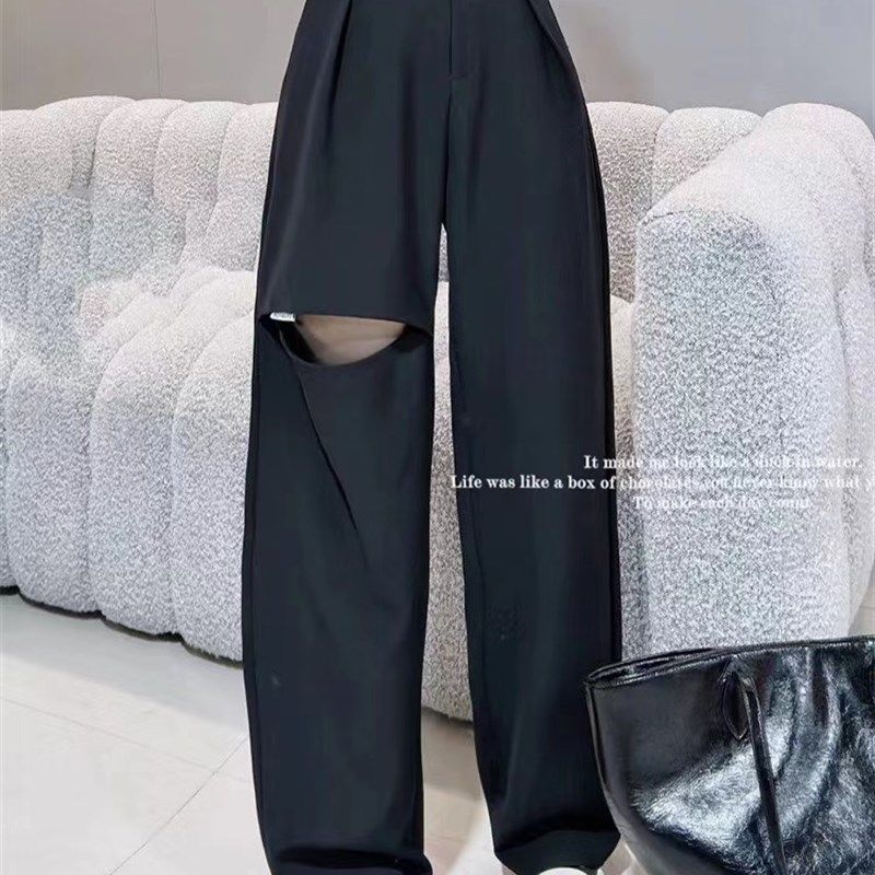欧货夏季c薄款设计感黑色休闲拖地裤宽松西裤女小众独特直筒阔腿,女装/女士精品,休闲裤,淘宝优惠券,粉丝福利购,淘宝优惠卷
