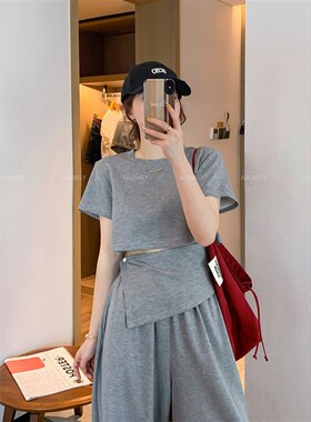 爱情魔鬼鱼 灰色套装女202w5年夏季新款短款T恤设计感阔腿裤两件