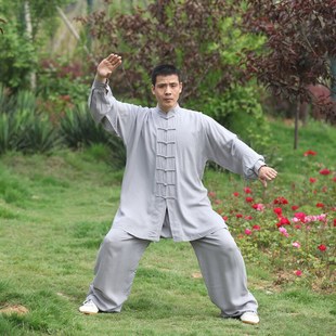 太极拳男服装练功服男女运动春秋棉绸黑色晨练白色太.极服女套装