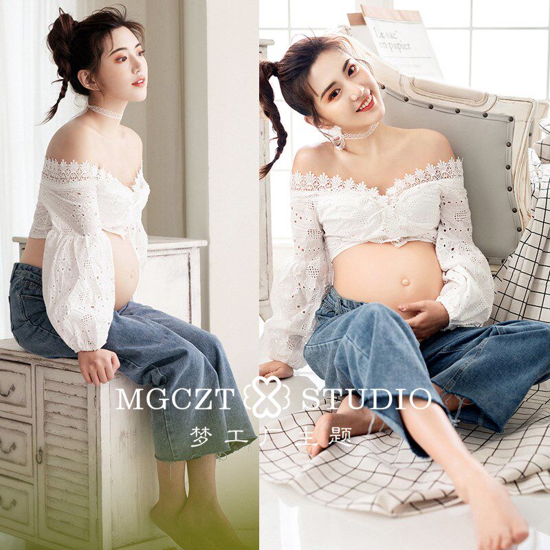 新款孕妇拍照露肚白色牛仔清新z服装影楼摄影主题服饰套装孕妈照
