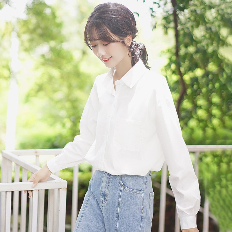 白色衬衫女小e个子新款2021年学生设计感小众轻熟百搭长袖打底衬