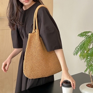 法式大容量草编包新款简约单肩包百D搭草包编织包度假沙滩包手提