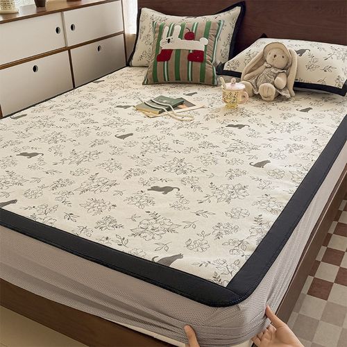 夏天冰藤席冰丝凉席床垫三件套绑带款凉感床单空调席可机洗软席子