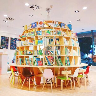 创意星球书架图书馆幼儿园圆形书柜阅读区大厅书柜书桌一体绕柱子
