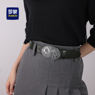 头层牛皮高级感宽腰带女复古美拉德系雕花纹装 饰腰封配毛衣裙大衣