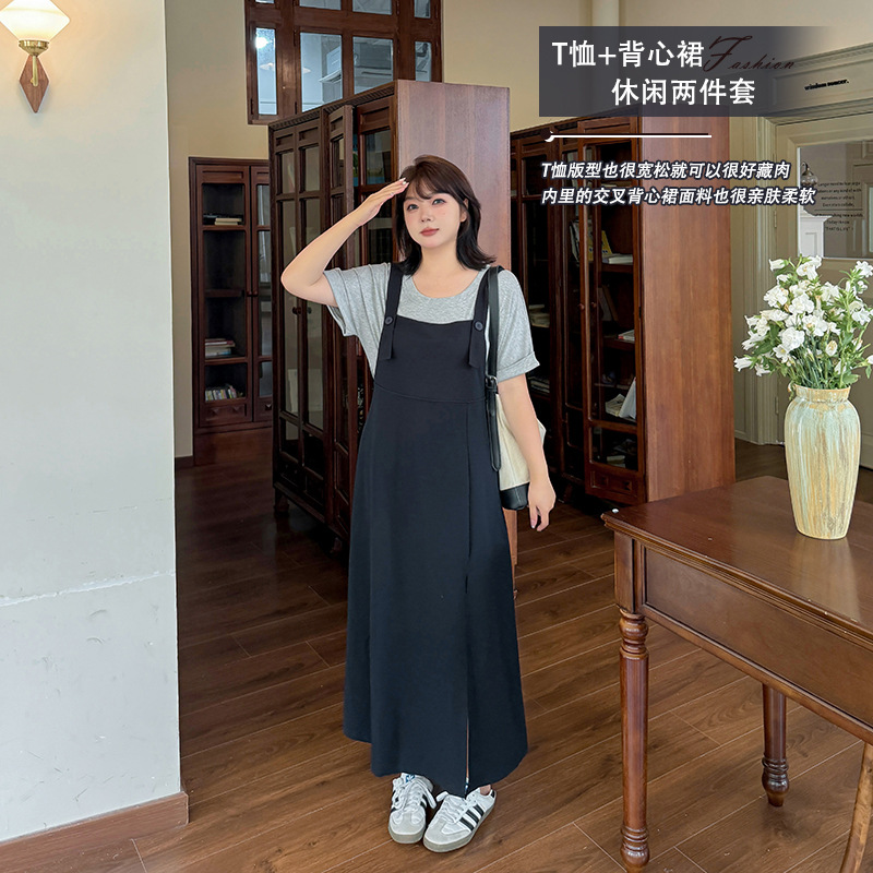 颜微2025新款胖mm大码夏季女装套装休闲T恤+开叉背心裙两件套8999