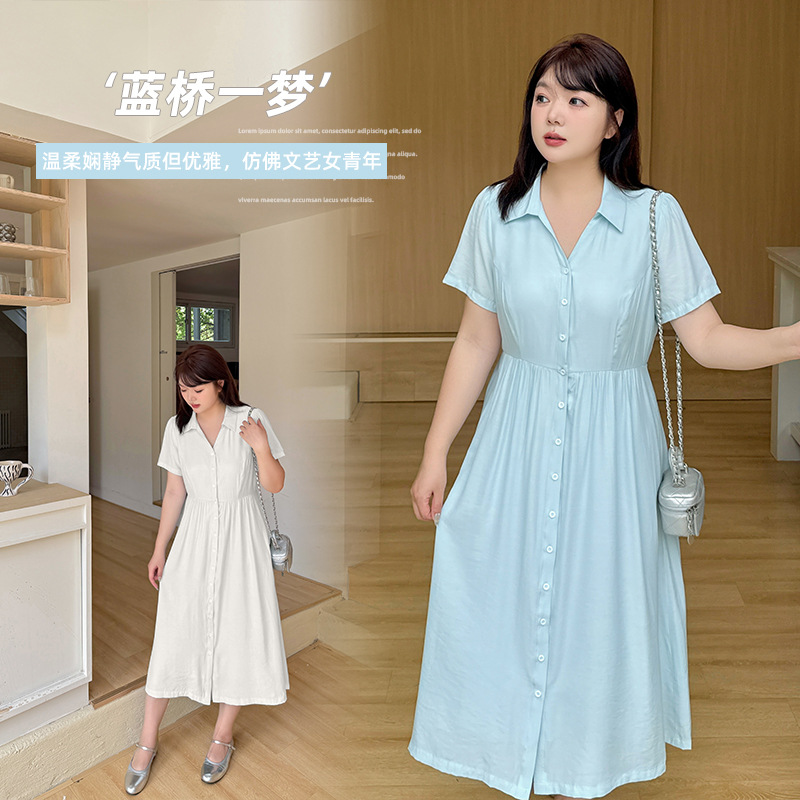 颜微大码女装气质通勤风连衣裙2025夏新款收腰显瘦A字长裙242384