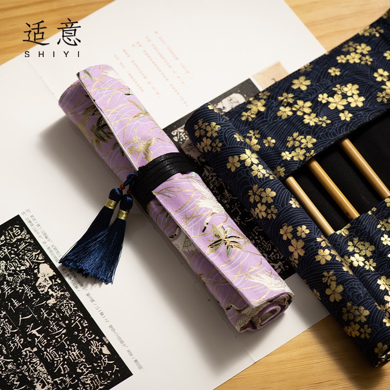 适意含景布艺毛笔笔帘毛笔袋水彩笔收纳笔袋卷文艺古风印花帆布大