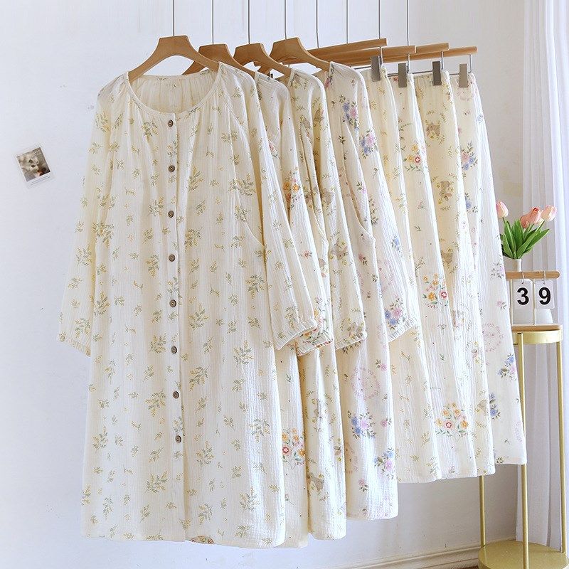 纯棉纱布月子服孕妇产后哺乳睡裙长裤两件套待产家居服大码春秋季