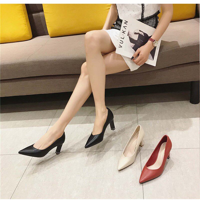 5CM粗跟c单鞋女2021年新款浅口软皮不磨脚高跟鞋尖头法式职业女鞋