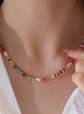 甜美彩色多巴胺珍珠项链女轻奢气质串珠锁骨链2025年新款爆款颈链