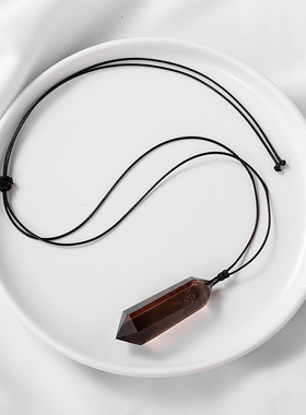 天然茶水晶双尖柱项坠吊坠烟晶挂坠男女情侣款民族风茶晶项链礼物