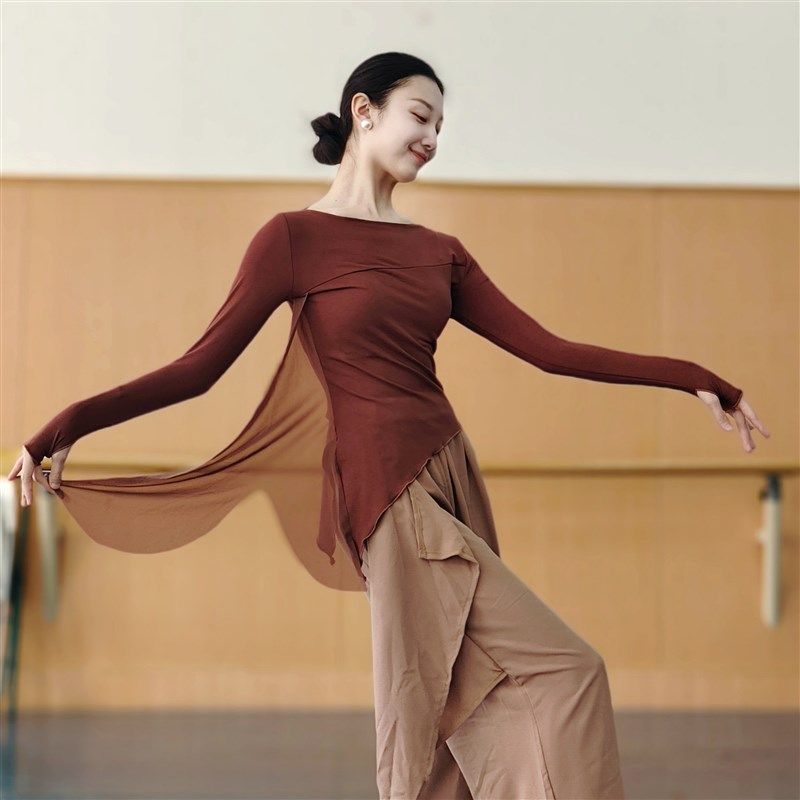 现代舞蹈服练功服女新款身韵舞衣长袖套指飘纱修身上衣形体服飘逸,运动/瑜伽/健身/球迷用品,现代舞服装,淘宝优惠券,粉丝福利购,淘宝优惠卷
