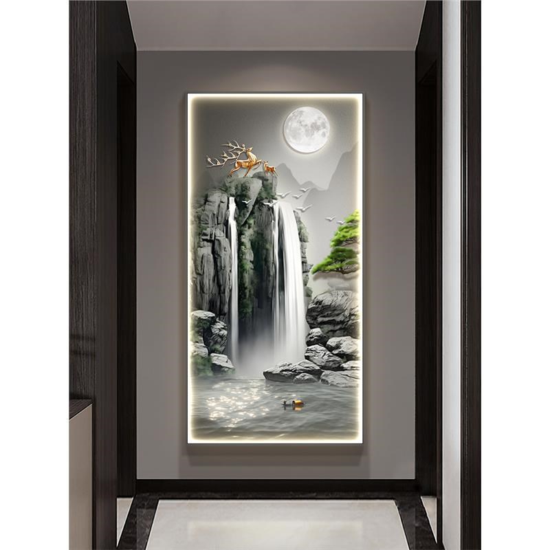 流水生财玄关装饰画高级感灯画大气山水画新中式走廊壁画客厅挂画