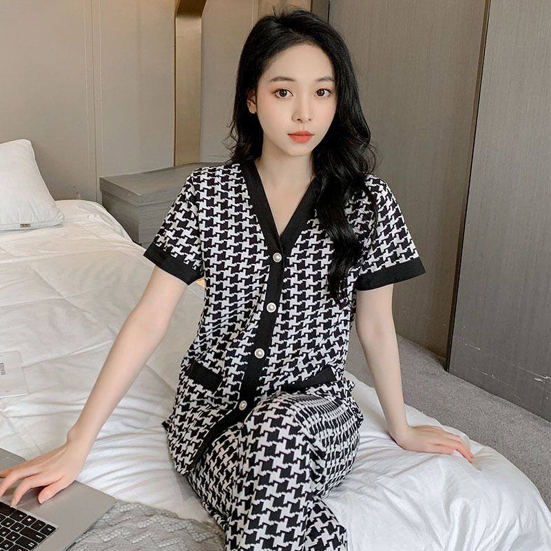 睡衣女春秋款短袖长裤薄款雪纺2025年新款甜美千鸟格子家居服套装,女士内衣/男士内衣/家居服,睡衣/家居服套装,淘宝优惠券,粉丝福利购,淘宝优惠卷