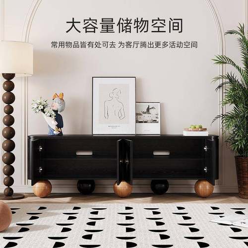 电视柜法式四叶草实木复古电视柜圆脚设计客厅视听柜黑色高端制作