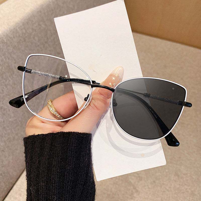 白色猫眼墨镜大框素颜镜金属细框太阳镜大猫眼镜框智感变色平光镜