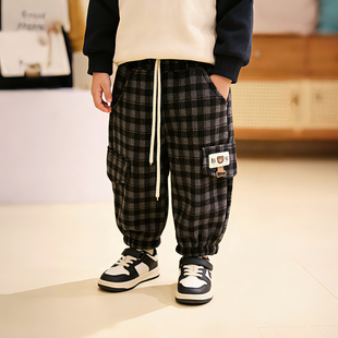 90-130码儿童春秋冬加绒格子裤男女童休闲裤子格子卡通图案长裤