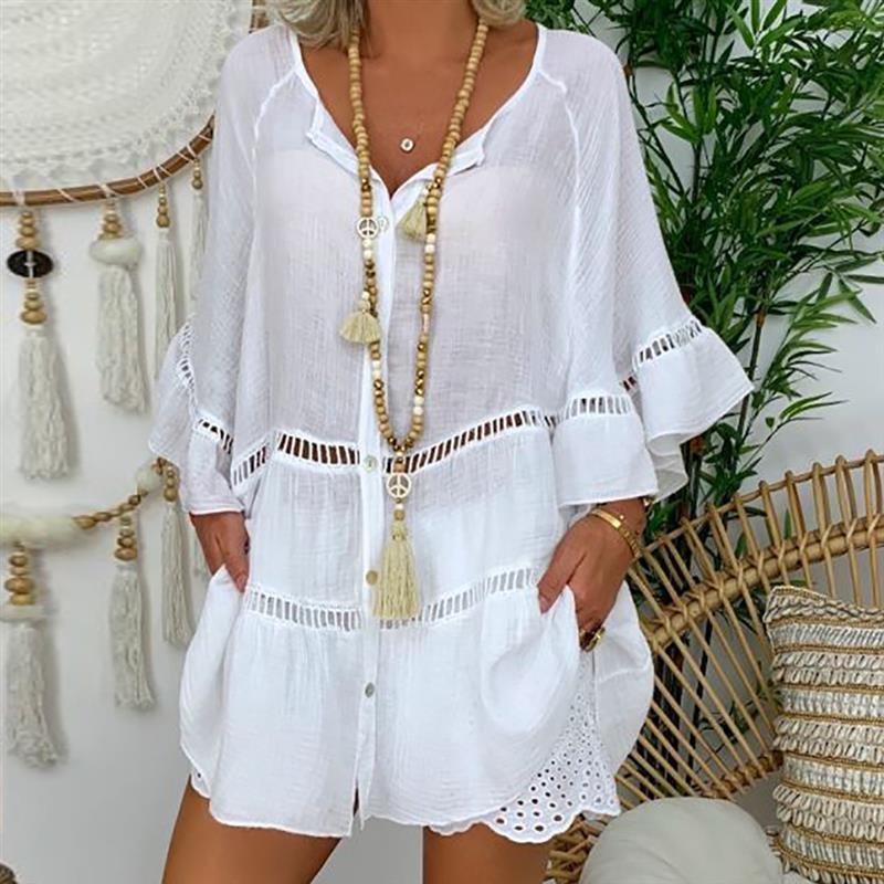 Women&#39;s quarter slyeeved cotton linen collar loos