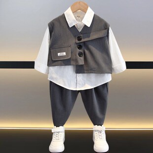 男童西装背心套装春秋2023新款小童洋派时髦三件套潮儿童衬衫秋装
