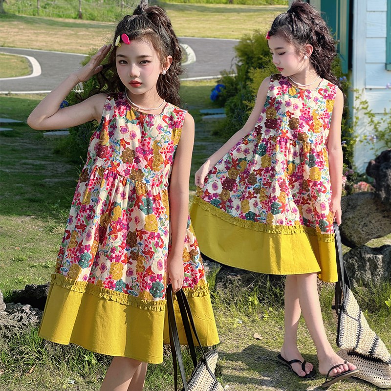 女童连衣裙夏季2024新款夏装女孩纯棉洋气碎花背心裙儿童裙子夏款