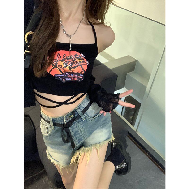 只吃鱼的喵喵喵美式复古辣妹交叉挂脖吊带背心女夏季显瘦短款上衣