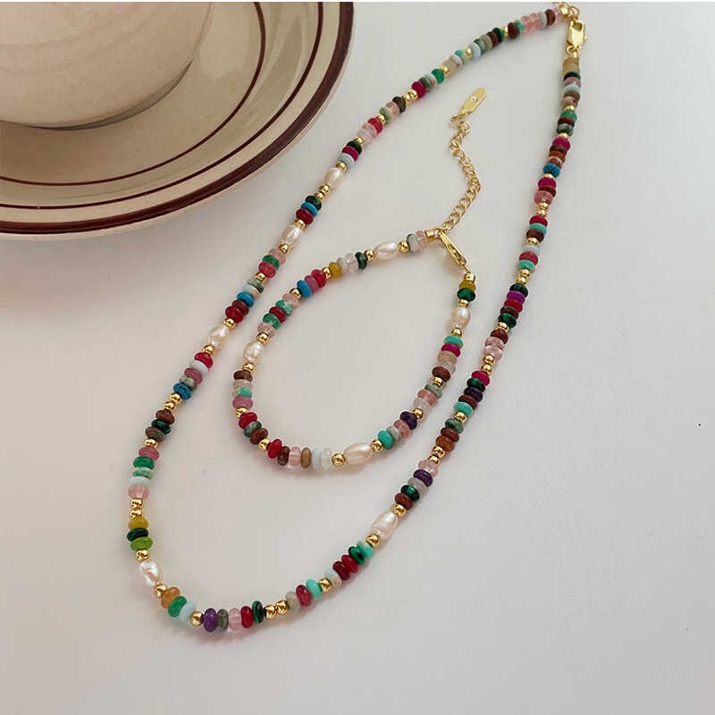 2024新款彩色串珠项链手链套装天然石淡水珍珠锁骨链小众独特颈链