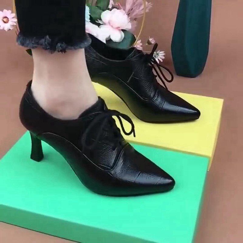 尖头深口真皮单鞋2025年春季新款气质百搭细跟高跟鞋系带皮鞋女鞋