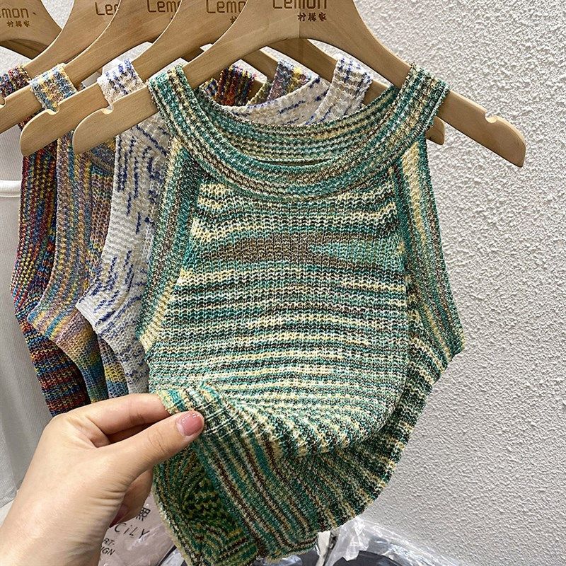 2024条纹吊带背心女夏季外穿辣妹针织内搭短款无袖打底衫挂脖上衣,女装/女士精品,时尚防晒服,淘宝优惠券,粉丝福利购,淘宝优惠卷