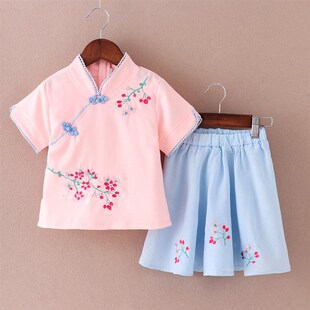 女童唐装 汉服古装 中小童夏季 复古民国风小女孩绣花套裙 2021新童装