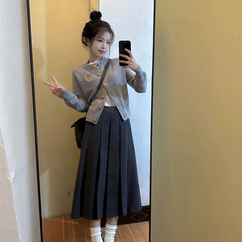 灰色西装百褶半身裙女2024年秋季新款学院风小个子高腰a字中长款