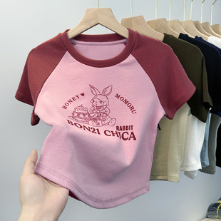 女童短袖T恤夏季2023新款韩版洋气印花时髦短款上衣儿童纯棉体恤