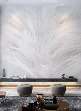 北欧3d电c视背景墙壁纸简约客厅白色羽毛壁画2023新款卧室装饰墙