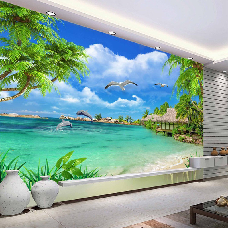 8d电视背景墙壁纸现代简约风景海景壁画客厅墙布18d立体影视墙纸